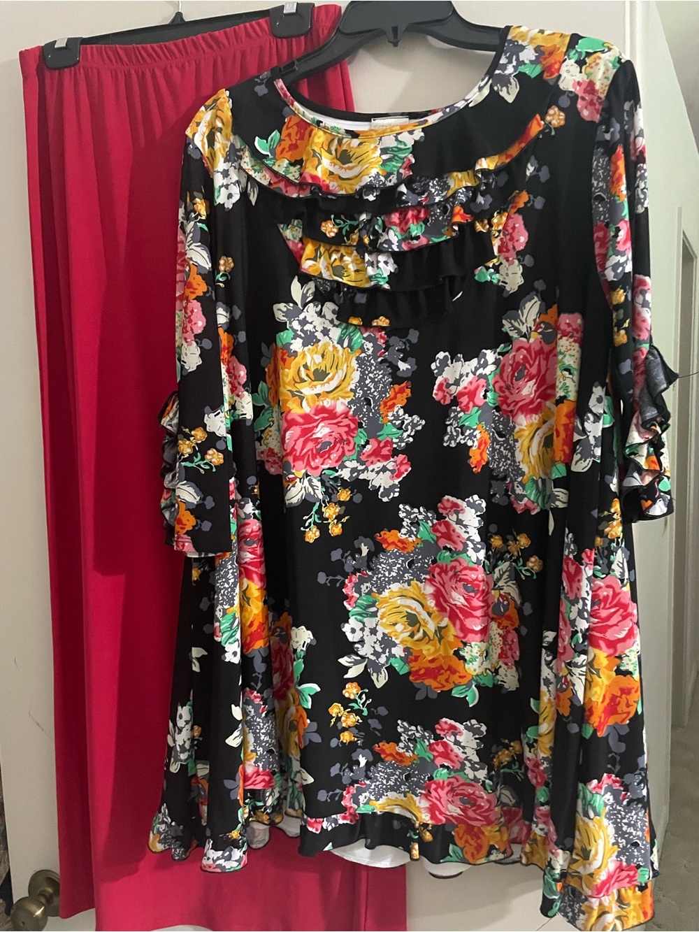 Zadie B’s Black Floral Ruffle Tunic Top with Red maxi Skirt. 2 piece bundle